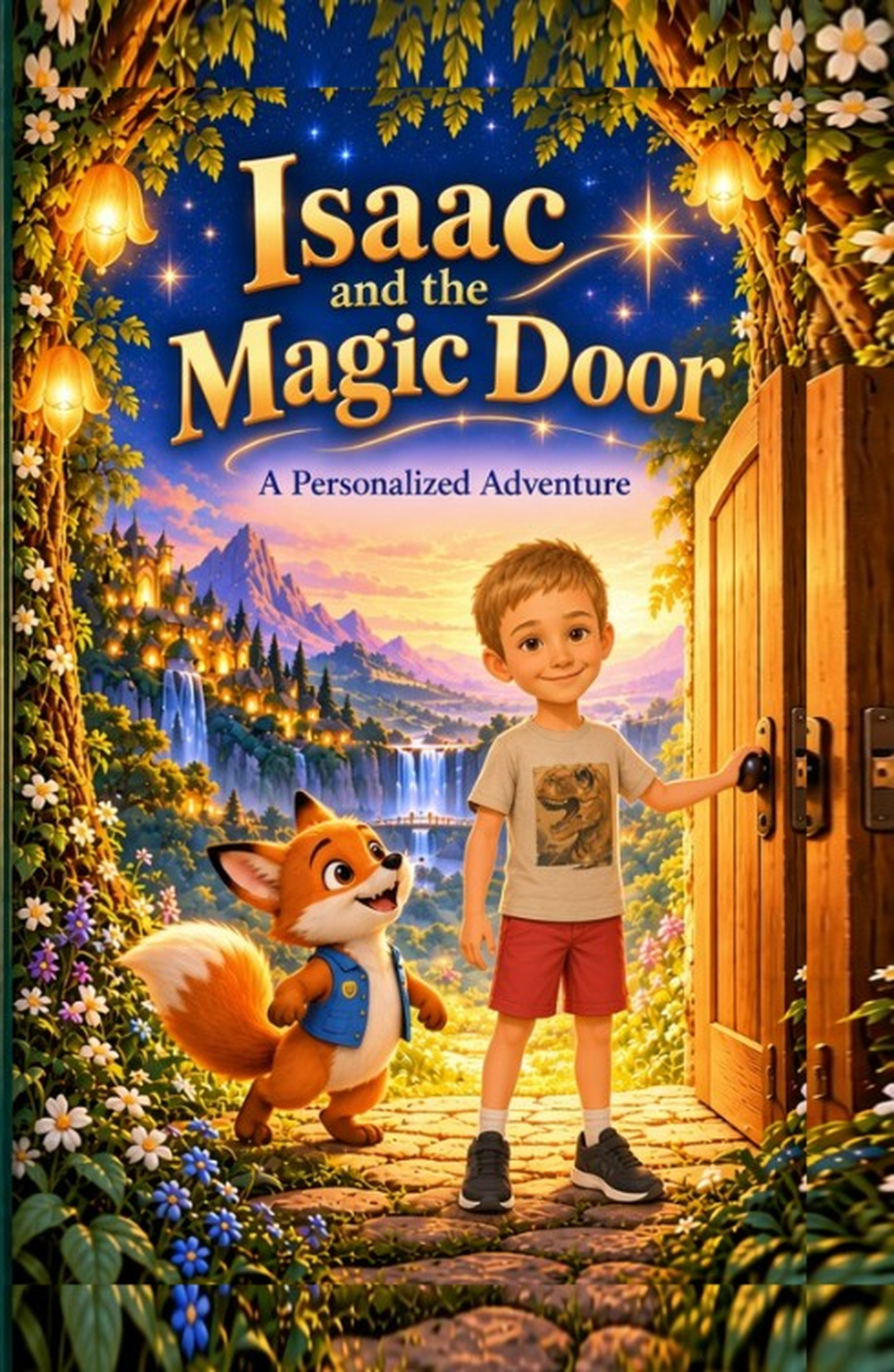 Front cover of Isaac and the Magic Door — Isaac and Fynn the Fox at the magic doorway in an enchanted valley at sunset